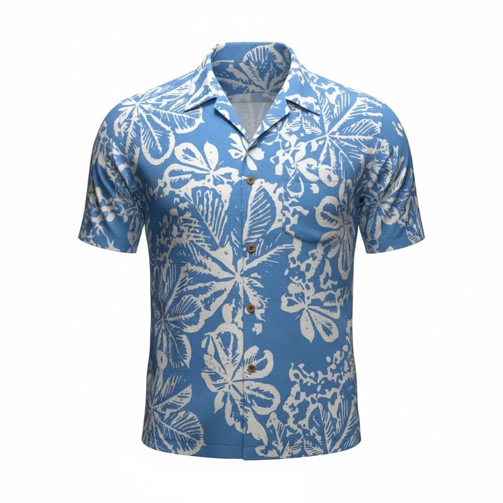 Tommy Bahama 100% Silk Tropical Breezy Beachy Hawaiian Print Sky Blue and Cream